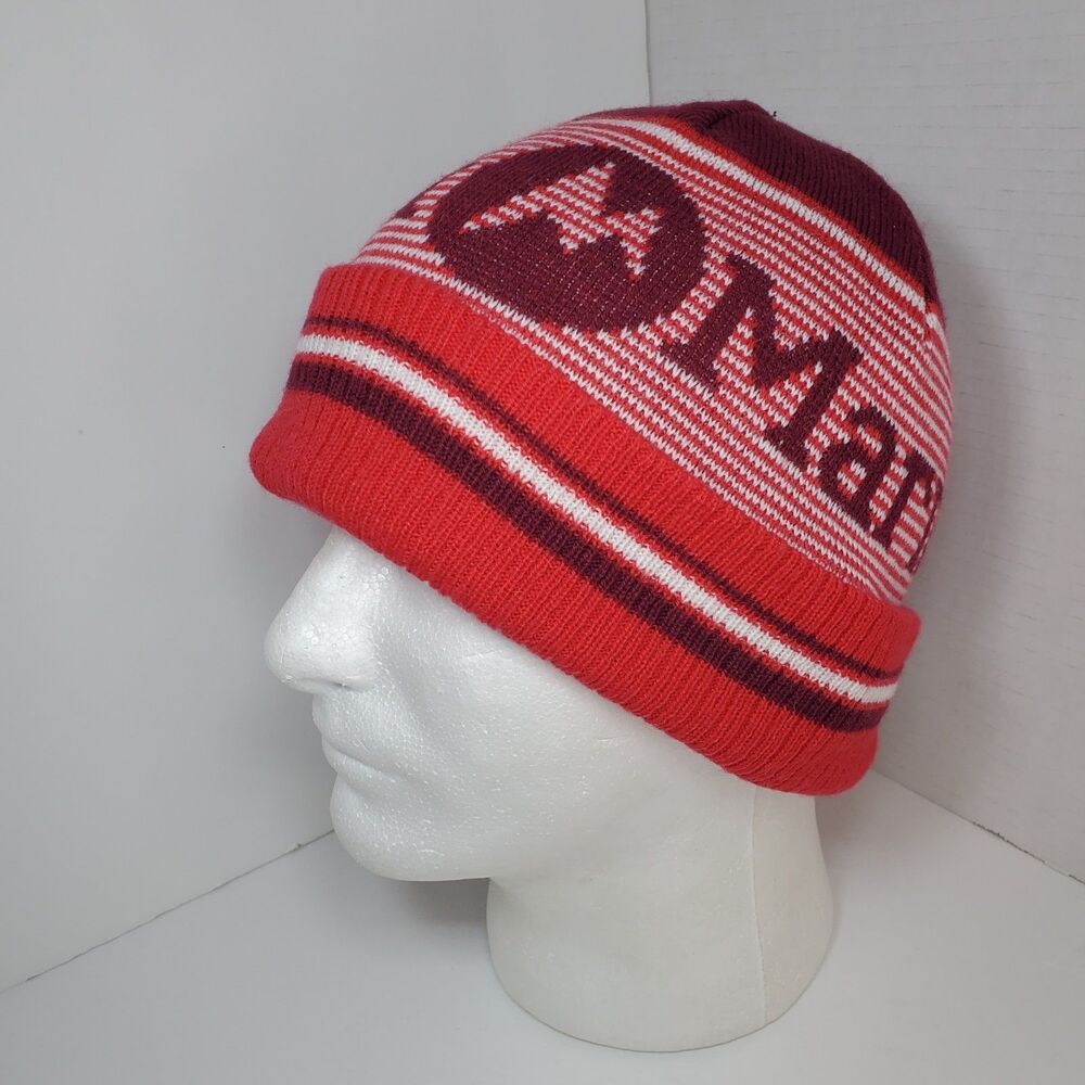 Vtg Marmot Mens OSFM Red White Striped Beanie Winter Hat Knit Ski Snowboard